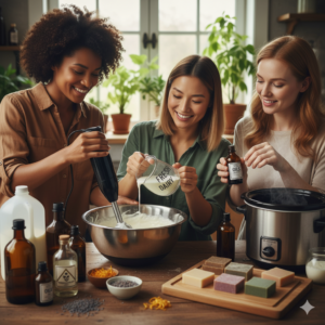 Three women making soap. One is African American, the other is Asian American and the third is Caucasian American.