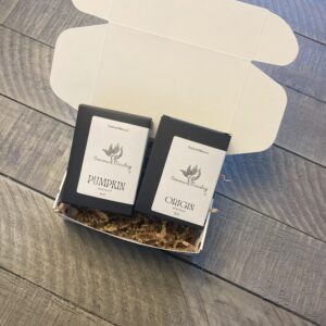 Holiday gift box with two bars of natural soap.