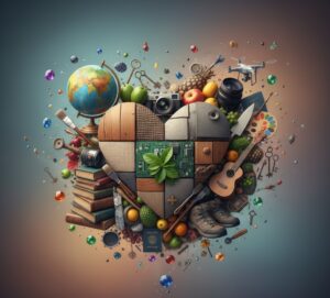 An AI generated heart which shows my love for a variety of things. Gardening, travel, music and singing, baking and learning are all included.