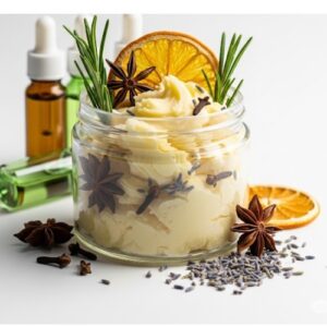 A jar of shea butter with herbs and spices accenting it.